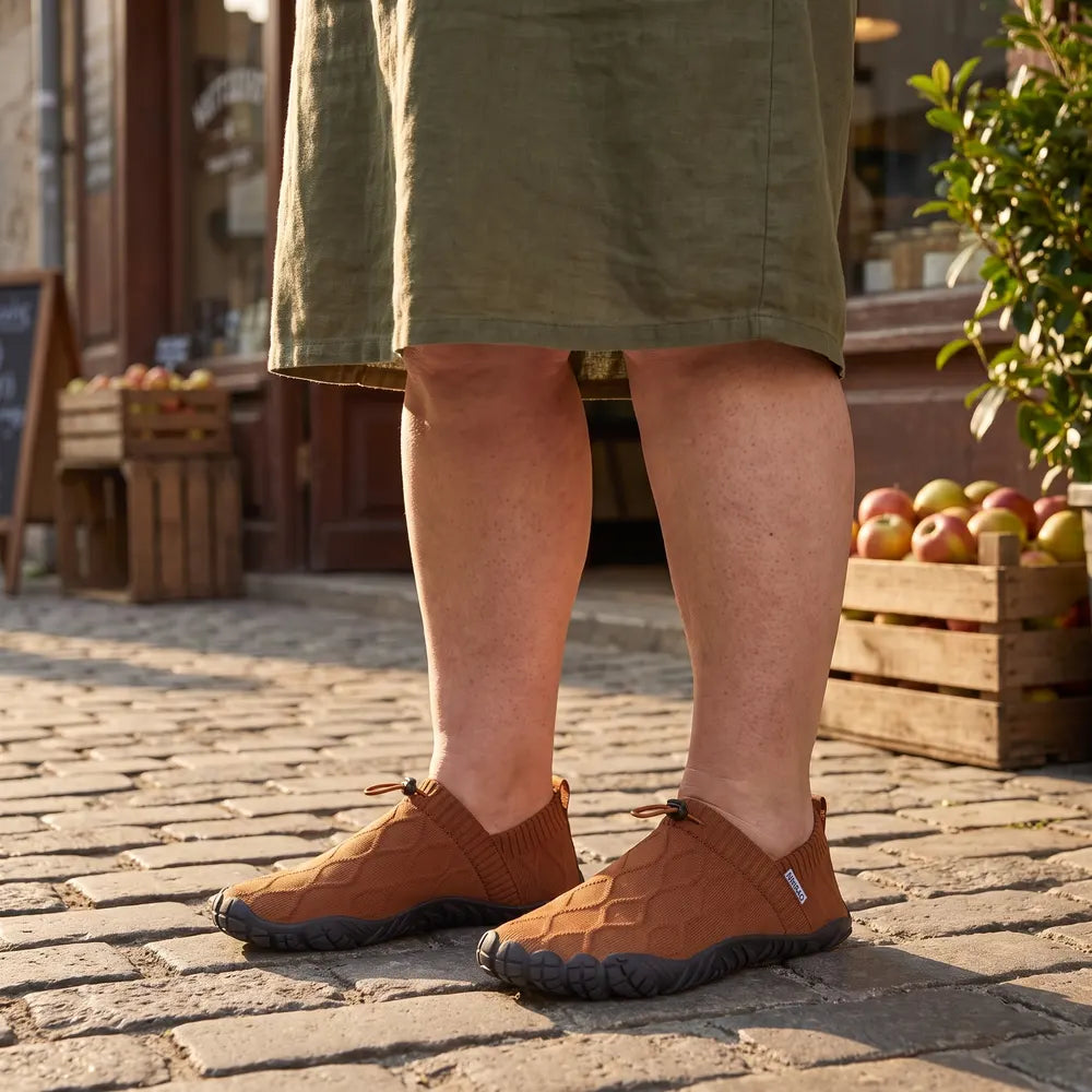 Cloud Walk Brown Black worn on a cobbled street in September