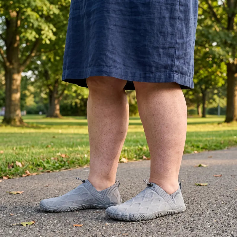 Cloud Walk Full Grey worn on a park path in September