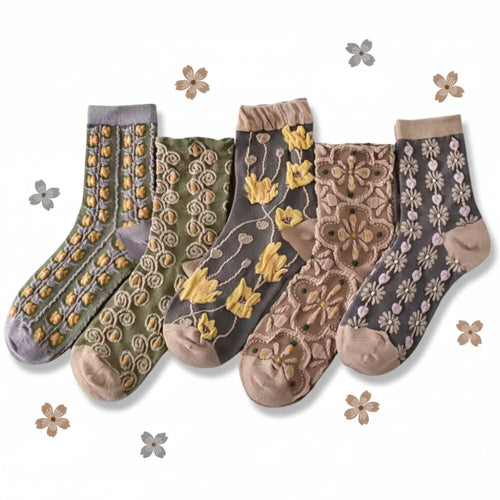 5 Pairs of Socks – Grey Autumn Flowers