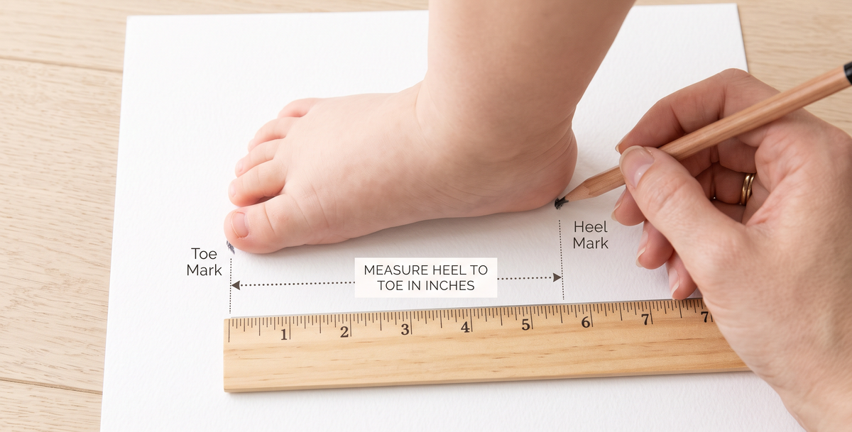 How to measure your baby foot: heel to longest toe in inches