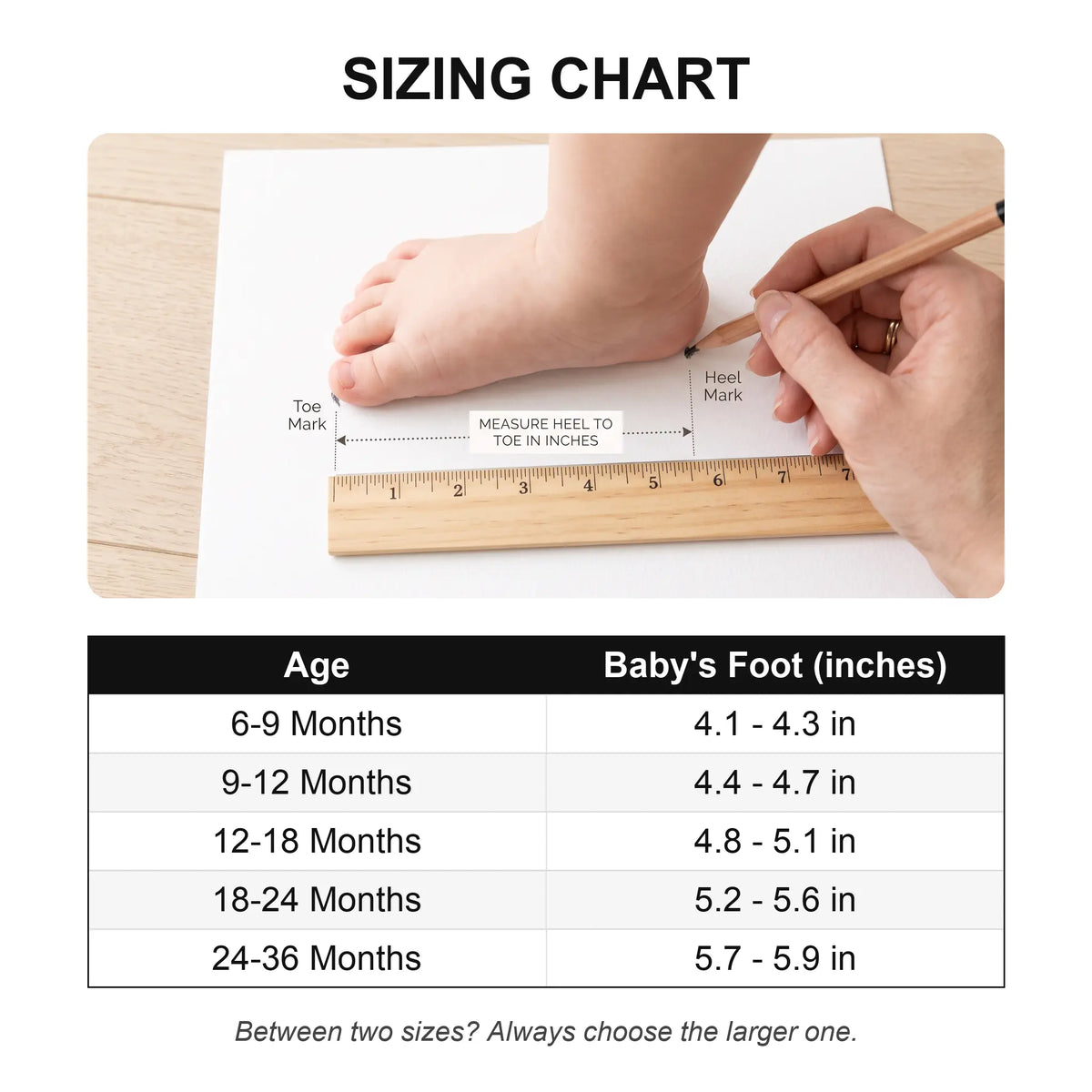 Cloud Steps sizing chart: measure your baby's foot heel to toe in inches