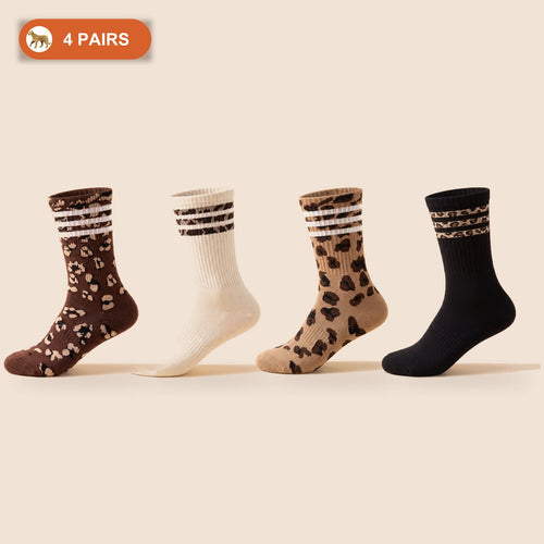 4 pairs of leopard print crew socks in chocolate, cream, camel and black