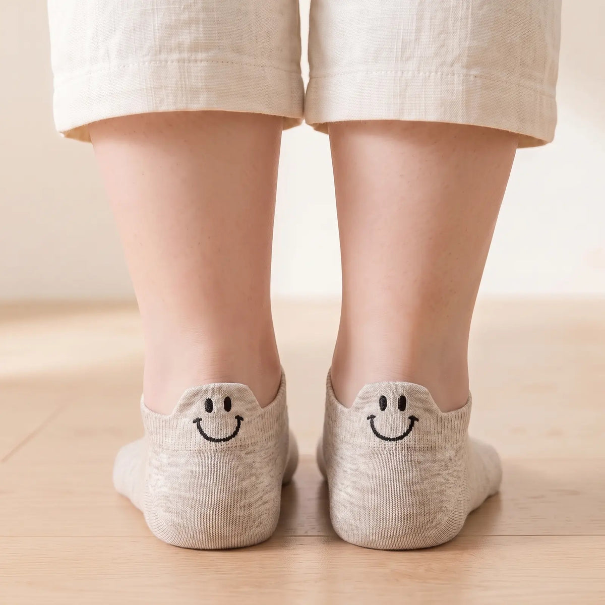 Oatmeal smile ankle socks worn