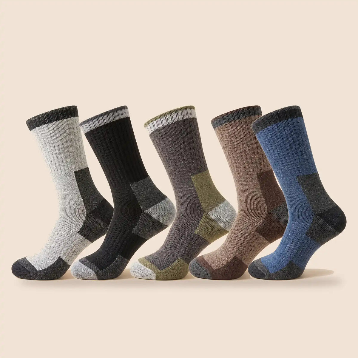 5 pairs of thermal hiking socks in light grey, black, charcoal, brown and blue
