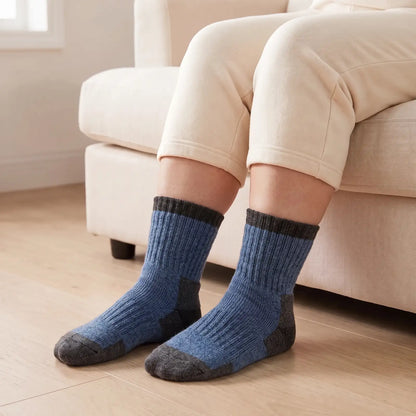 Blue thermal socks worn